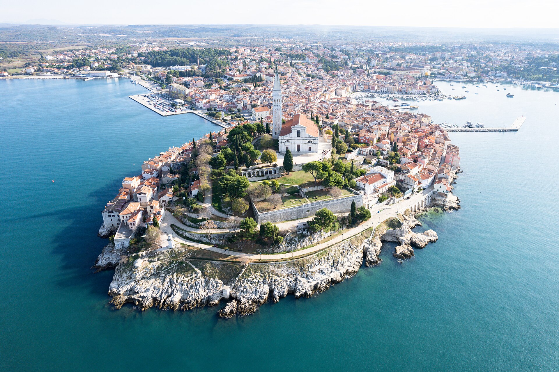 Rovinj old town peninsula surrounded by the blue Adriatic Sea